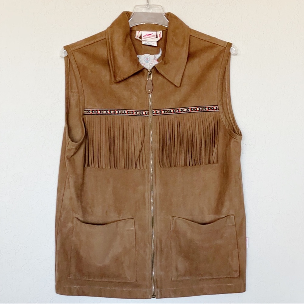 MILTON FUNWEAR Western Suede Vest Fringe Rodeo Longhorn embroidered Size Med